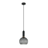 VINTAJ 1lt Wine Glass Ribbed Glass Pendant with Brass Highlight & Black Round Canopy