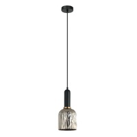 VINTAJ 1lt Ellipse Ribbed Glass Pendant with Brass Highlight & Black Round Canopy