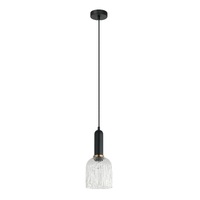 VINTAJ 1lt Ellipse Ribbed Glass Pendant with Brass Highlight & Black Round Canopy