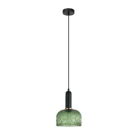 VINTAJ 1lt Dome Ribbed Glass Pendant with Brass Highlight & Black Round Canopy