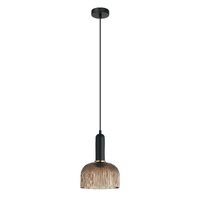 VINTAJ 1lt Dome Ribbed Glass Pendant with Brass Highlight & Black Round Canopy