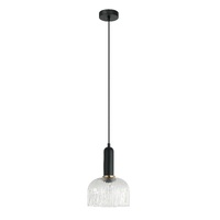 VINTAJ 1lt Dome Ribbed Glass Pendant with Brass Highlight & Black Round Canopy