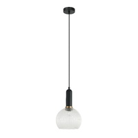 VINTAJ 1lt Wine Glass Ribbed Glass Pendant with Brass Highlight & Black Round Canopy