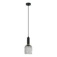 VINTAJ 1lt Ellipse Ribbed Glass Pendant with Brass Highlight & Black Round Canopy