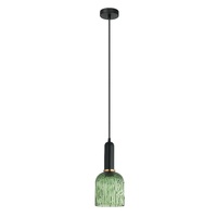 VINTAJ 1lt Ellipse Ribbed Glass Pendant with Brass Highlight & Black Round Canopy