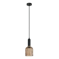 VINTAJ 1lt Ellipse Ribbed Glass Pendant with Brass Highlight & Black Round Canopy